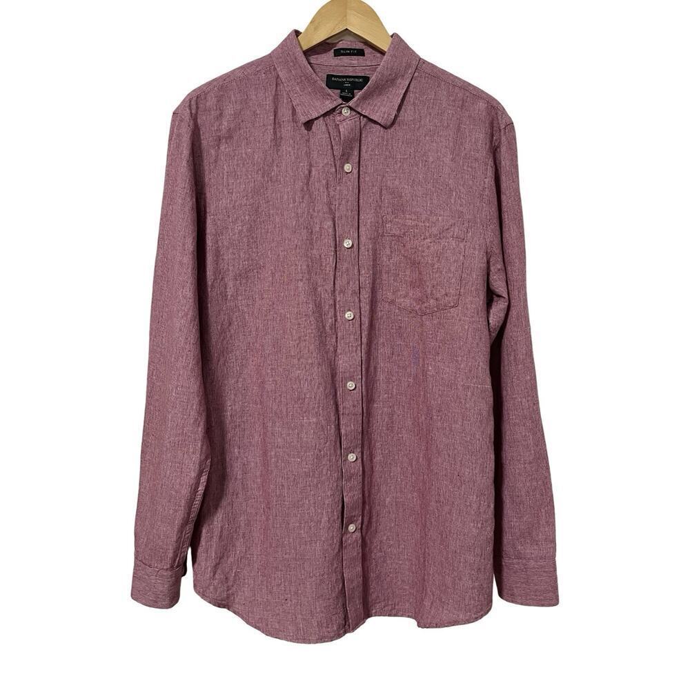 Banana Republic Mens 100% Linen Long Sleeve Button Up Size L Red Slim Fit Preppy